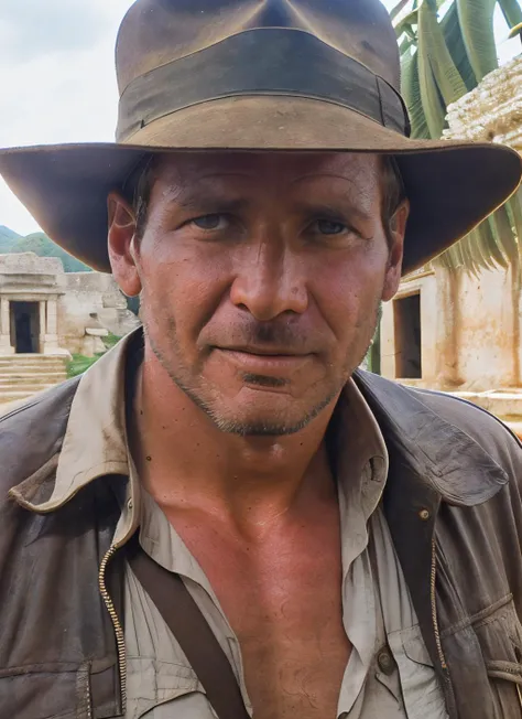 photo of sksman, standing in front of an ancient maya temple (look at viewer:1.2) (skin texture), close up, cinematic light, sidelighting, Fujiflim XT3, DSLR, 50mm, <lyco:Indiana Jones:1.1>