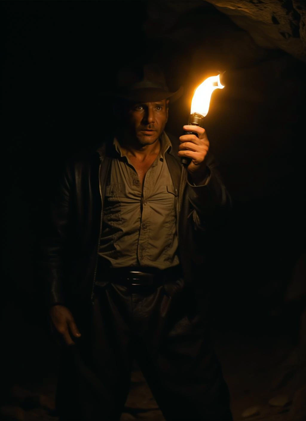 fullbody photo of sksman, in a dark cave with a torch in his hands looking for a treasure, (look at viewer:1.2) (skin texture), close up, cinematic light, sidelighting, Fujiflim XT3, DSLR, 50mm, <lyco:Indiana Jones:1.1>