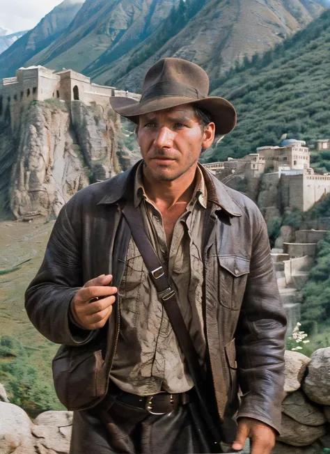 photo of sksman, lonely, outdoors, a young orphan discovers they are the heir to a powerful magical kingdom, mountainscapes, analog style (look at viewer:1.2) (skin texture), close up, cinematic light, sidelighting, Fujiflim XT3, DSLR, 50mm, <lyco:Indiana Jones:1.1>