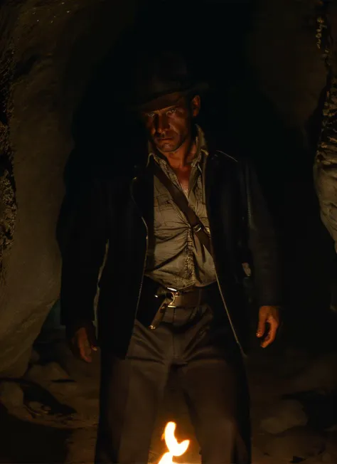 fullbody photo of sksman, in a cave with a torch in one hand and a rope on the other hand looking for a treasure, (look at viewer:1.2) (skin texture), close up, cinematic light, sidelighting, Fujiflim XT3, DSLR, 50mm, <lyco:Indiana Jones:1.1> <lora:epiNoiseoffset_v2:0.5>