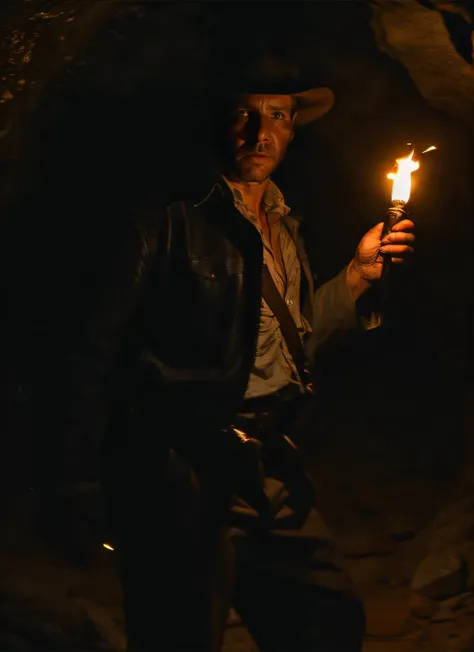 fullbody photo of sksman, in a cave with a torch in one hand and a rope on the other hand looking for a treasure, (look at viewer:1.2) (skin texture), close up, cinematic light, sidelighting, Fujiflim XT3, DSLR, 50mm, <lyco:Indiana Jones:1.1> <lora:epiNoiseoffset_v2:0.5>