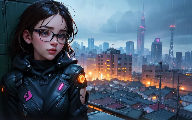 (masterpiece,best quality),HDR,high-definition,[[[Intricate Details]]],cinematic,photorealistic,1girl, curvy, cyberpunk, in heavy raining futuristic tokyo rooftop cyberpunk night, sci-fi, fantasy, elegant, neon light, digital painting, soft light, smooth, sharp focus, (Brandon Woelfel:1.2)