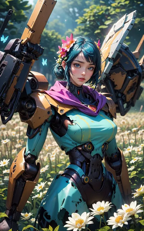 (masterpiece,best quality),HDR,high-definition,[[[Intricate Details]]],cinematic,photorealistic,1girl, mechanical girl, mechanical arms, upper body, colorful butterflies, (flowers growing on the mechanical body), (detailed damaged cape), mecha, robot, (warm light), (specular light:1.2), (flower field background:1.4),