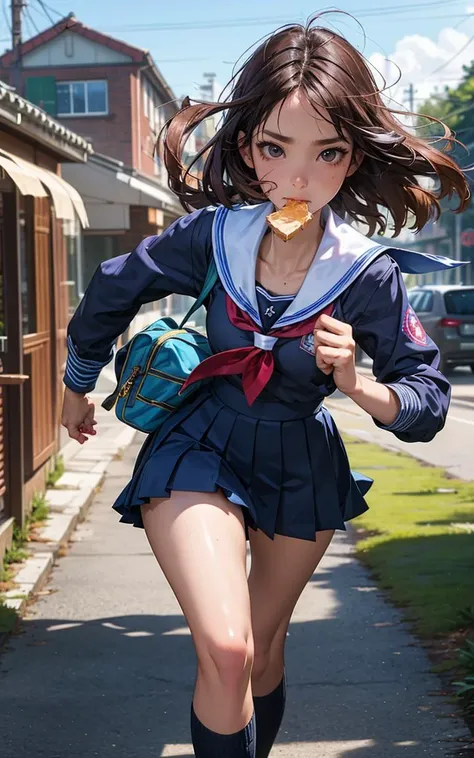 (masterpiece,best quality),HDR,high-definition,[[[Intricate Details]]],cinematic,photorealistic,1girl, schoolgirl, school uniform, running, Toast of Tardiness, toast in the mouth,