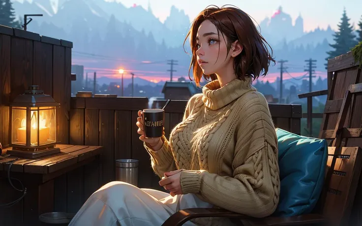 (masterpiece,best quality),HDR,high-definition,[[[Intricate Details]]],cinematic,photorealistic,1girl, warm sweater, holding a big cup of tea, evening, cozy atmosphere, (Simon Stalenhag:1.2)