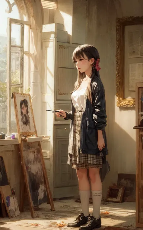 masterpiece,best quality,[[[[CG,wallpaper,HDR,high quality,high-definition,intricate details, cinematic light, cold lighting, pastel]]]],1girl, [[[[nsfw]]]], holding a paint brush, easel, dirty clothes