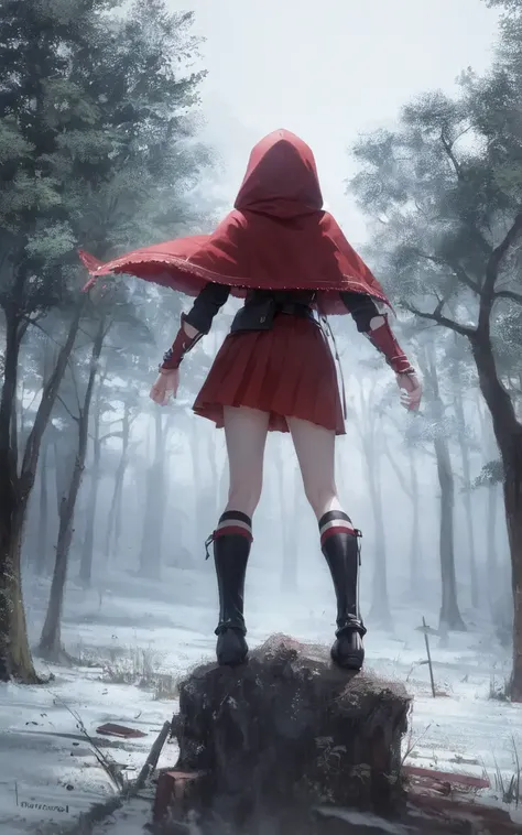 masterpiece,best quality,[[[[CG,wallpaper,HDR,high quality,high-definition,intricate details, cinematic light, cold lighting, pastel]]]],1girl, little red hood, from behind, forest, full body, (dynamic pose)