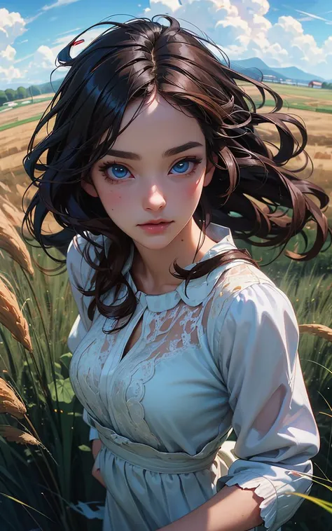 (masterpiece,best quality),HDR,high-definition,[[[Intricate Details]]],cinematic,photorealistic,1girl, (nsfw:0.7), flowy dress, illustration, fisheye lens, high contrast, sharp focus, digital painting, beautiful clouds, flowing hair, high grass, high angle, very deep eyes, cute face