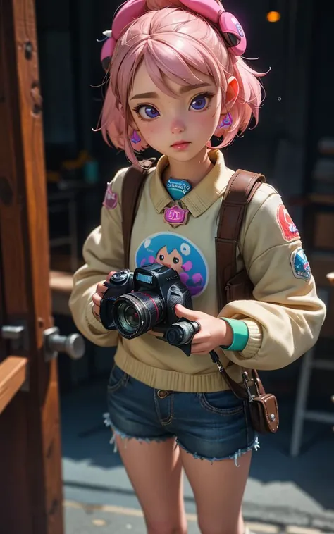 (masterpiece,best quality),HDR,high-definition,[[[Intricate Details]]],cinematic,photorealistic,1girl, 3D, standing character, tiny, cute, soft lighting, pastel colors, skottie young, blender, pop surrealism, pbr, holding camera