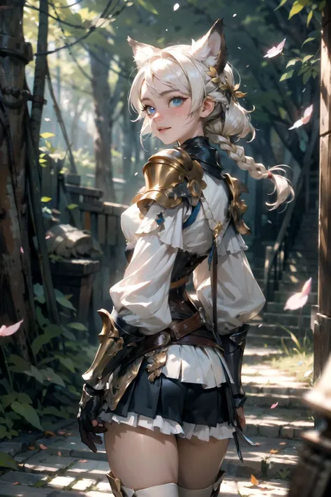 ((best quality)), ((masterpiece)), (detailed), 8k, high quality, immaculate, epic, illustration, outline, (sharp focus), soft lighting, perfect light, vibrant colors, (detailed skin:1.3), AS-Young, 1girl, (solo), white hair, medium hair, braided bangs, side braid, brown wolf ears, white animal ear fluff, ((beautiful detailed eyes), blue eyes), (delicate\(armor\), golden details), (shoulder armor), (freckles), beautiful face, small breasts, shy, light smile, nice hands, perfect hands, (white shirt), frilled sleeves, white short sleeves, black corset, frilled skirt, (thighs:0.4), walking, from behind, looking back, sunny forest, forest landscape, falling leaves, falling petals, flowers, fcPortrait, cowboy shot, high resolution, highres, absurdres, <lora:FF14CharArt:0.4> <lora:NijiExpressV2:0.2>