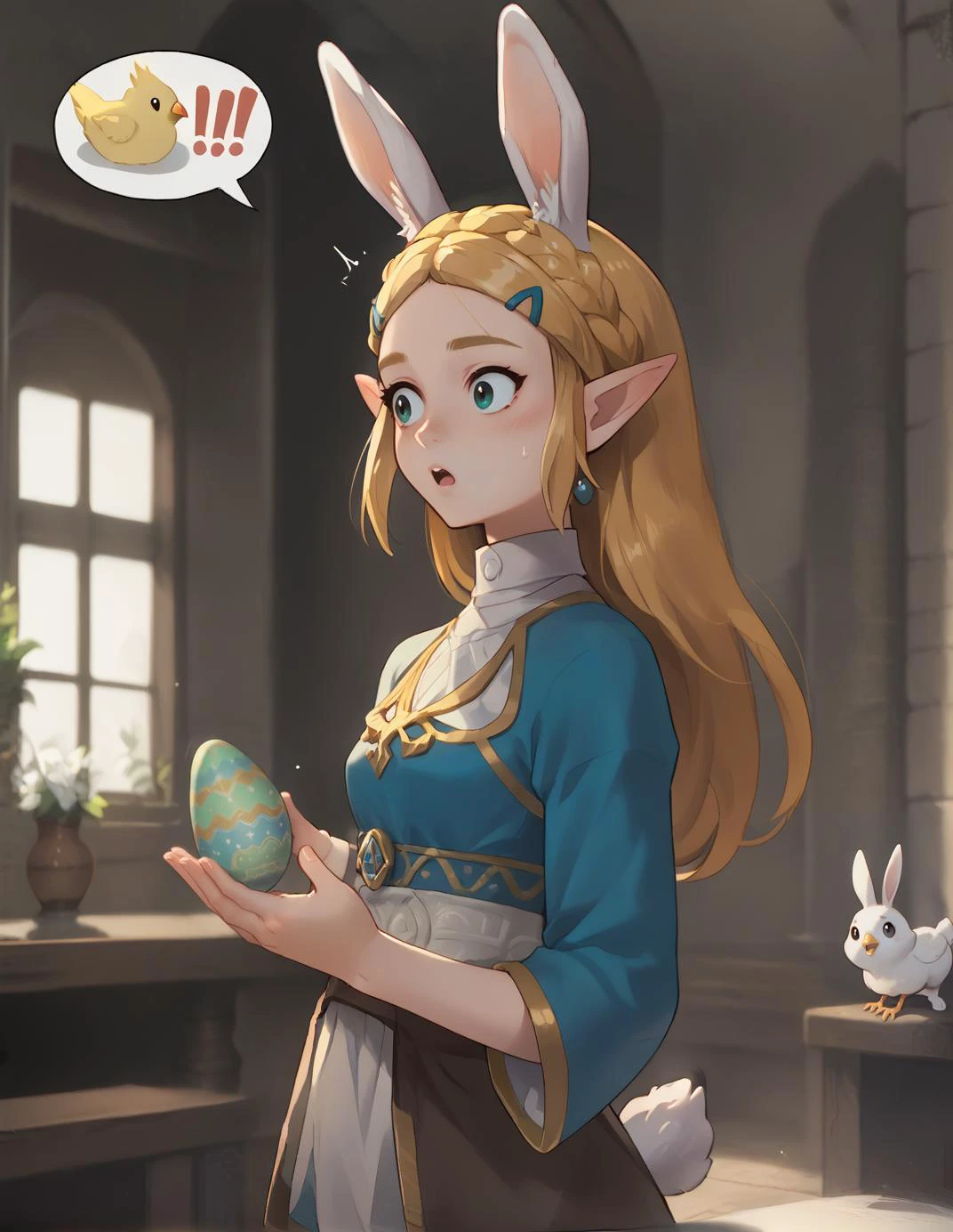 score_9, score_8_up, score_7_up, score_6_up, score_5_up, score_4_up, 1girl, solo, cowboy shot, upper body, (portrait:0.5), rabbit ears,
BREAK
zelda, indoors, surprised, easter egg, hatching, (looking at own hands:1.2)
medium breasts, holding egg, speech bubble, chicken hatching,
BREAK
<lora:epic_anime_scenery_v0_1:0.88> <lora:ZeldaXL:0.94>