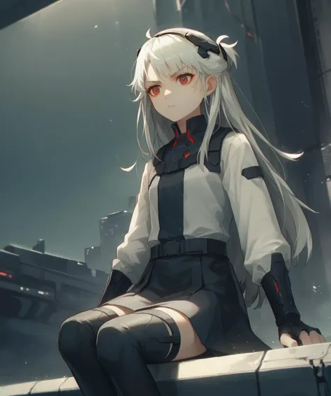 score_9,score_8_up,score_7_up,score_6_up,source anime,1girl,solo,science fiction,cyberpunk,sitting,upper body,white hair,long hair,red eyes,suit,skirt,thighhighs,night,dust,particles,looking at viewer,annoyed,dystopia,cowboy shot,dynamic angle,
 <lora:cinematic_anime_scenery_v1:0.9>