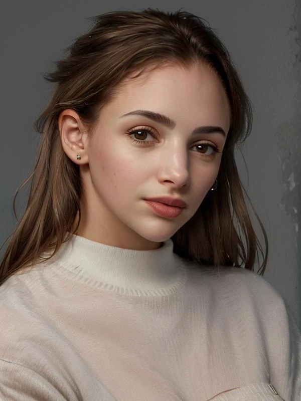 gquality, <lora:thelma-10:1> thelma, 1girl, solo, looking at viewer, simple background, closed mouth, earrings, grey background, portrait, realistic, sweater