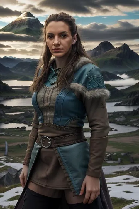 Professional photograph of <lora:thelma:0.9> thelma as a nordic fantasy hero, she's in in the mountains, fantasy kingdom city in the background, blue skies, fantasy genre, movie scene, wearing leather and fur armor, viking style, muscular body, long brown hair, determined face. Stunningly beautiful woman, sunny day, ray-tracing, 4k, 8k, masterpiece, bokeh, highest quality, abusrdres <lora:detail_slider_v4:0.4> <lora:v1k1ng:0.8> v1k1ng <lora:Fantasy:1> minas tirith