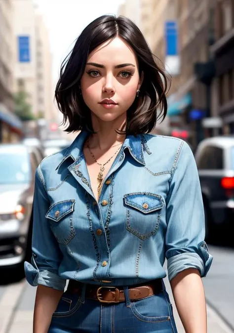 portrait photo of aubrey wearing a light blue blouse and jeans, high heels, walking on the street, (masterpiece), (best quality), (detailed), (8k), (HDR), (wallpaper), (cinematic lighting), (sharp focus), (intricate), (closeup)