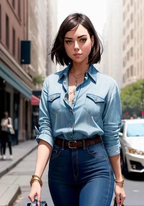 portrait photo of aubrey wearing a light blue blouse and jeans, high heels, walking on the street, (masterpiece), (best quality), (detailed), (8k), (HDR), (wallpaper), (cinematic lighting), (sharp focus), (intricate), (closeup)