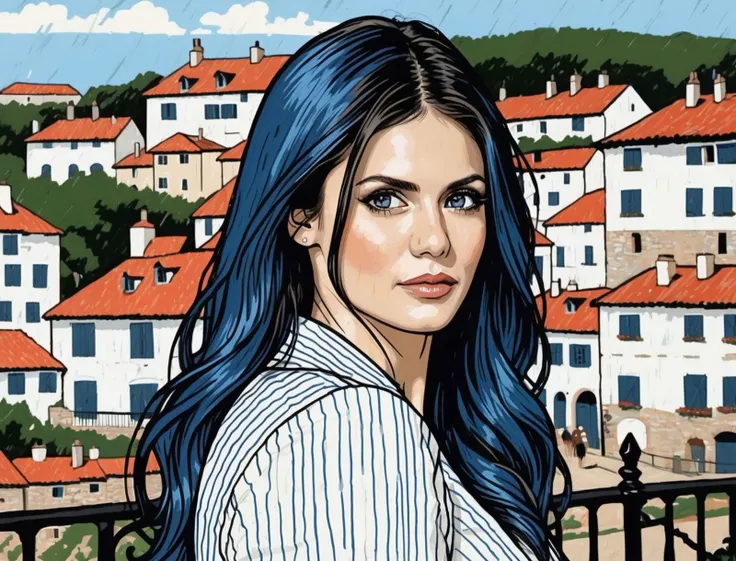 <lora:ninadobrev_SDXL:0.5> Nina Dobrev, ohwx woman mixed with <lora:alexandradaddario_SDXL:0.5> Alexandra Daddario, ohwx , art by Adrian Tomine ,((art by __artists__)) ,Background is stunning 17th century european village scenery, detailed and intricate environment, oil painting, palette knife soft brushstrokes, heavy strokes, dripping paint, art station on trend, sharp focus, intricate details, highly detailed ,detailed hair, detailed hair, blue hair