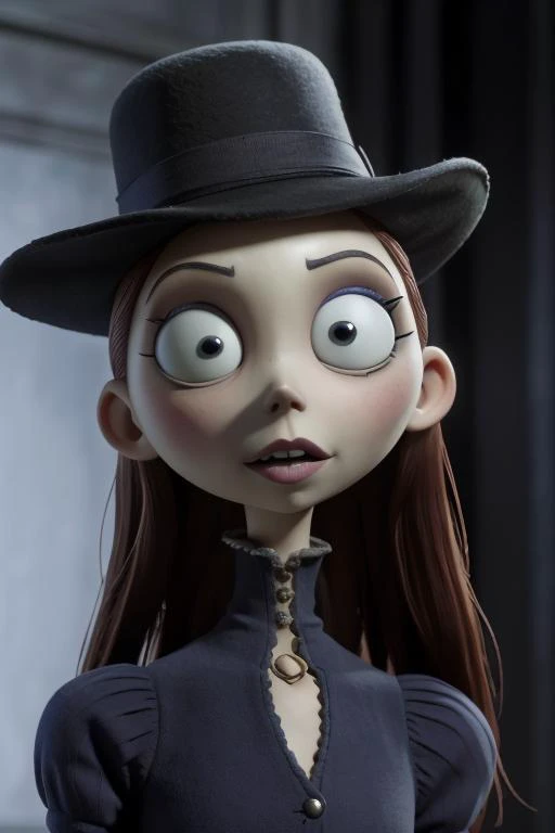 TimBurton Animation, portrait of a girl wearing a black hat <lora:TimBurton_Animation_offset:1>