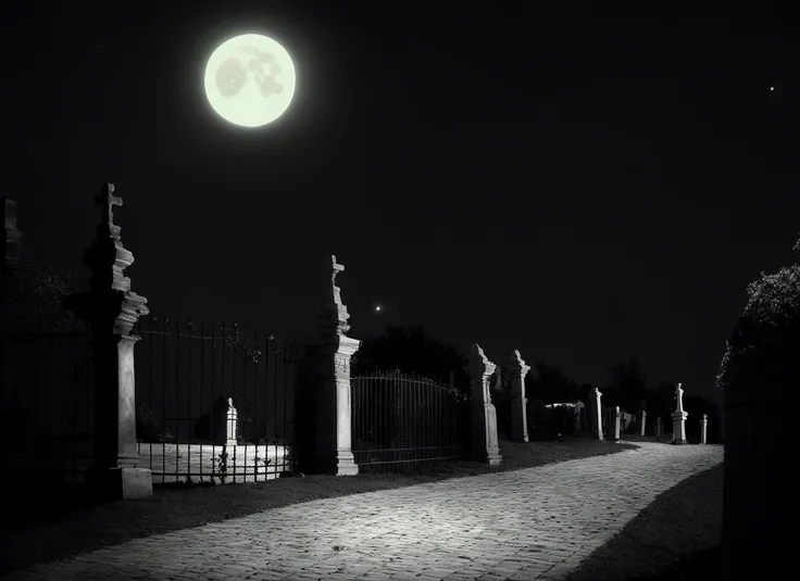 by TimBurton Animation <lora:TimBurton_Animation_offset:1>, horror \(theme\), moon, night, dark, no humans, full moon, scenery, outdoors, sky, cemetery, tombstones, (monochrome:0.5), gate, house, statues
