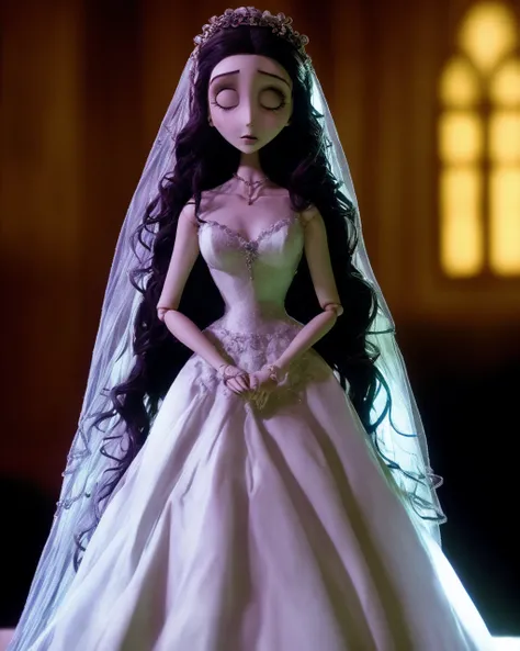 by TimBurton Animation 1girl, solo, long hair, horror \(theme\), veil, dark, upper body, chain, doll joints, black hair, wedding dress