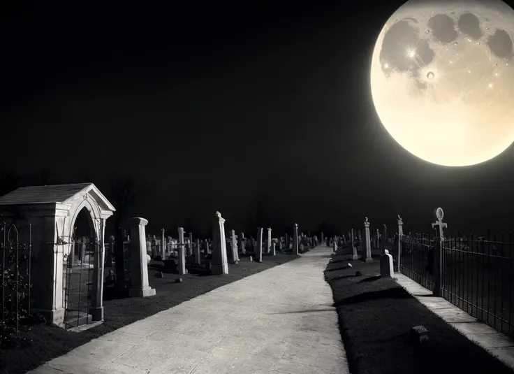 by TimBurton Animation <lora:TimBurton_Animation_offset:1>, horror \(theme\), moon, night, dark, no humans, full moon, scenery, outdoors, sky, cemetery, tombstones, (monochrome:0.5), gate, house, statues