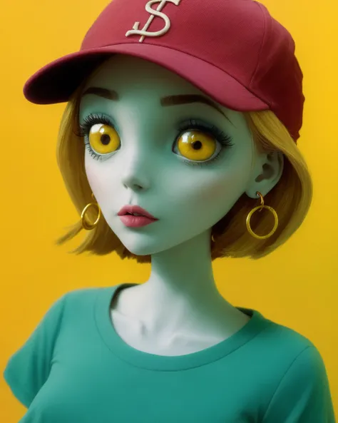 by TimBurton Animation <lora:TimBurton_Animation_offset:1>, horror \(theme\), wide eyes, masterpiece, best quality, 1girl, aqua eyes, baseball cap, blonde hair, closed mouth, earrings, green background, hat, hoop earrings, jewelry, looking at viewer, shirt, short hair, simple background, solo, upper body, yellow shirt