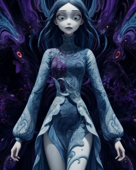 sharp focus, highly detailed, masterpiece, intricate, beautiful woman, long sleeve, aline dress, (fractal), psychedelic, abstract concept, splash <lora:add_detail:1.1> <lora:TimBurton_Animation_offset:1>