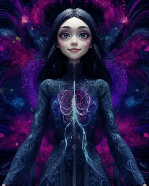sharp focus, highly detailed, masterpiece, intricate, beautiful woman, long sleeve, aline dress, (fractal), psychedelic, abstract concept, splash <lora:add_detail:1.1> <lora:TimBurton_Animation_offset:1>