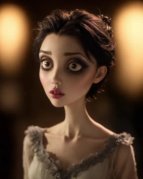 by TimBurton Animation <lora:TimBurton_Animation_offset:1.2>, 1girl, solo, blurry, blurry background, black hair, wide-eyed, short hair, horror \(theme\), lips, dark, makeup, portrait, black eyes