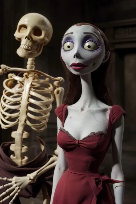TimBurton Animation, portrait of a woman, bald, bones, red dress, black bow, pale skin <lora:TimBurton_Animation_offset:1>