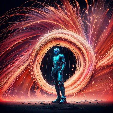 ultra realistic 8k cg, picture-perfect face, flawless, clean, masterpiece, professional artwork, famous artwork, cinematic lighting, cinematic bloom,no humans,glowing, solo,  science fiction, simple background, <lyco:Rainbowart_V1_loha:0.65>,rainbowart\(ttp\), fire, fireworks, armor, robot,  <lora:add_detail:0.5>