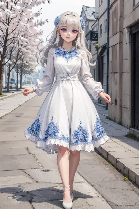 gzhel style, 1girl, blue eyes, white dress, long hair, full body, solo, standing, closed mouth, blue dress, outdoors, (smile:0.6), mid shot <lora:gzhel_style:0.75>