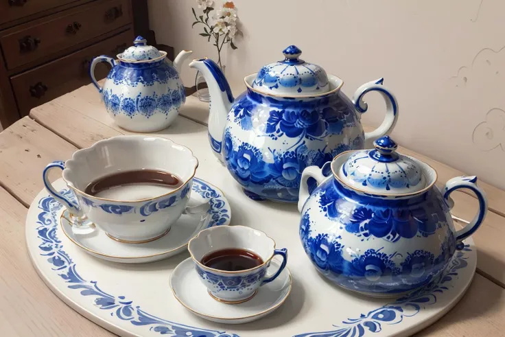 gzhel style, kitchen, teapot, mug, table <lora:gzhel_style:0.6>