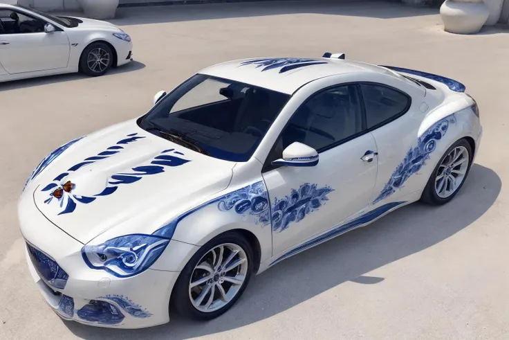 (gzhel style:1.2), white sport car, (ornament:1.3) <lora:gzhel_style:0.7>