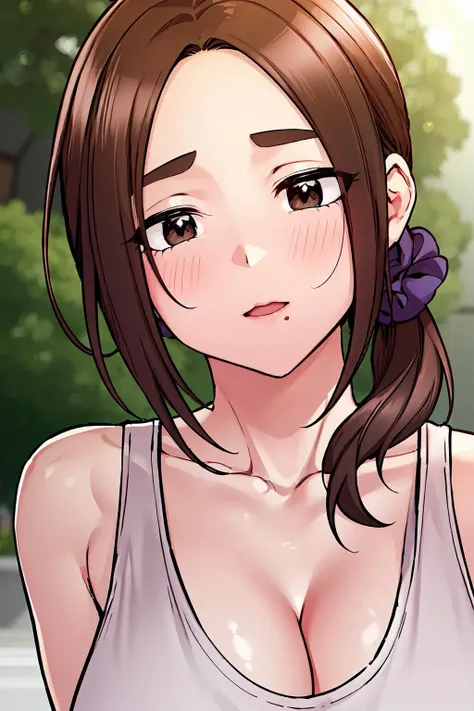 1boy, penis,AuntJune, fellatio,(pov crotch) ,( white cum in mouth) ,(:>= ,hand on another's head) ,single hair bun, bangs, messy hair,brown hair,Purple Eyes, <lora:AuntJuneV3:1> <lora:EkunePOVFellatioV2:0.7>,forest background