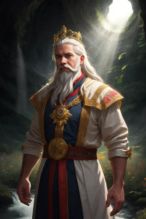 masterpiece, portrait, god of light, white hair, white beard, sunbeams, beauty, handsome, intricate tunic, embroidery, light crown, flowers, stream, majestic, epic, magical, HDR, 8K, absurdres,