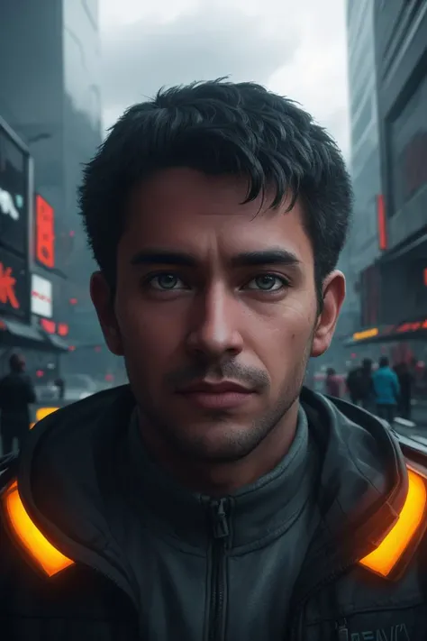 (masterpiece, best quality, high detail), (8k, photorealistic), (dslr, full frame, 18mm focal length, f/5.6 aperture), a cyborg man with a human face, in a futuristic cyberpunk city with cyberpunk structures:.6 in the background, cloudy sky, detailed face, detailed eyes:1.4, detailed skin, outdoors,