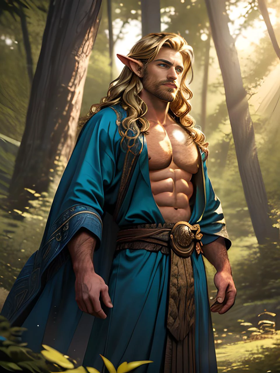 (one male), (cowboy-shot), (looking at viewer).
Very detailed manly face, heroic, detailed realistic open blue eyes, elven ears, (muscular:1.5), (big muscles), (massive pecs), (hairy pecs), narrow waist and hips, (long blond hair:1.25), (slight smile).
(shirtless), (intricate robes of many colors), swirling robes,
In a forest, (dramatic pose).
High Contrast, High Saturation, Highly detailed, high quality, masterpiece, ethereal, particle effect, (dust, gust of wind:1.07), volumetric light, light rays, gold filigree, vibrant colors, depth of field.
<lora:lightV1:1>