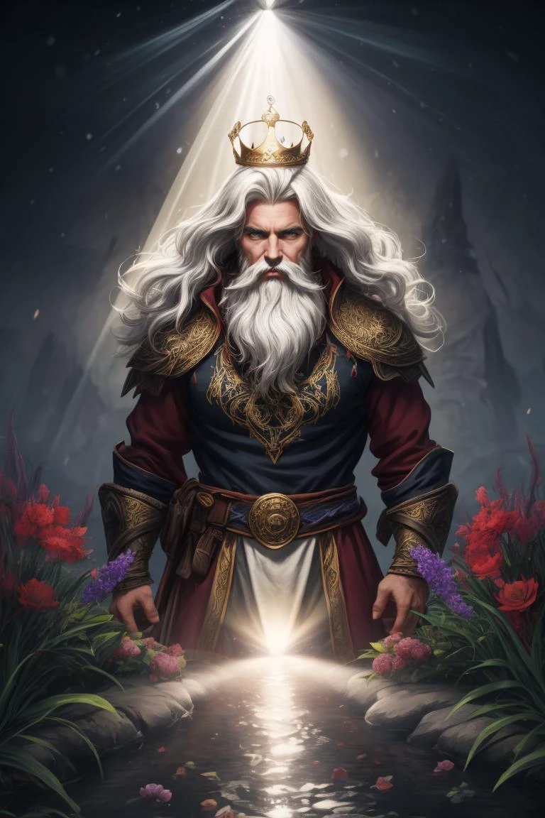 masterpiece, portrait, god of light, white hair, white beard, sunbeams, beauty, handsome, intricate tunic, embroidery, light crown, flowers, stream, majestic, epic, magical, HDR, 8K, absurdres,