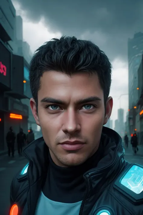 (masterpiece, best quality, high detail), (8k, photorealistic), (dslr, full frame, 18mm focal length, f/5.6 aperture), a cyborg man with a human face, in a futuristic cyberpunk city with cyberpunk structures:.6 in the background, cloudy sky, detailed face, detailed eyes:1.4, detailed skin, outdoors,
