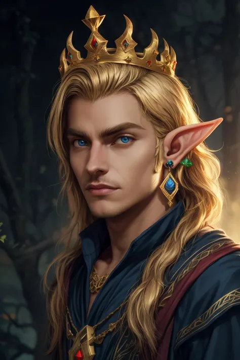 masterpiece, close up portrait, one man, dark blue skinned elf, male earrings, male jewelry, golden hair, elven tunic, sunbeam, intricate embroidery, crown of black thorns, evil eyes, looking at viewer, HDR, 8K