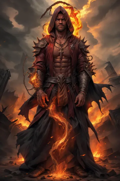 masterpiece, best quality, fantasy art, evil wizard, storm clouds, cinematic lighting, natural shadow, muscular, masculine, large pectorals, pectorals, abs, <lora:Clothing - Dark Priest:0.6>, darkpriest, homoerotic, ruggedly handsome (corrupted by evil) powerful man with an (erect penis:0.75) made out of fire, ancient evil christian catholic temple ruins, red robe, armor, cape, gloves, torn clothes, jewelry, necklace, chain, (spikes:0.8), magic, fire, hood, healed battle scars, religious iconography, Christian symbols, pyromancer <lora:Concept - Pyromancer:0.65>, lightning, crepuscular rays