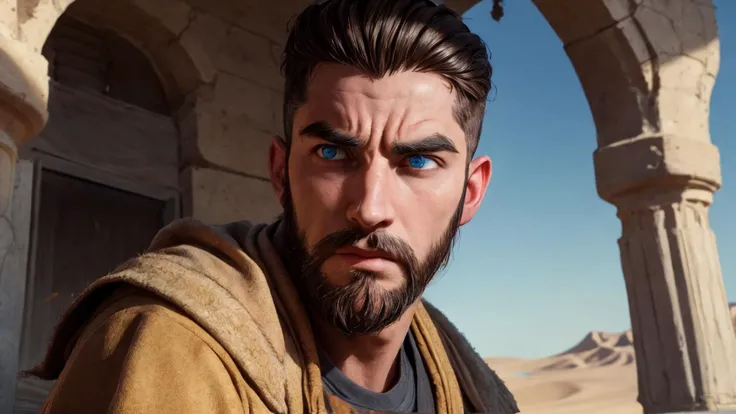 an awarded profesional photography of (1man:1.3) Byzantine with light blue eyes eyes and High Arched Brows and male Straight Taper Fade with Beard hair hairstyle and tapered beardin Mahogany color, he is Knight Disgusted facial expression, arms at side in desert ,(epic scene:1.3),ultradetialed character with perfect face,detailed skin,(ultrasharp:1.3),(masterpiece:1.1),best quality,(photorealistic:1.2),ultrarealistic,realistic ultradetailed character,4k perfect quality, <lyco:GoodHands-beta2:1> by by Alfred Stieglitz Incandescent Lighting camera angle from below and feet out of frame Magnificent,Imperceptible detail,Intricately designed, (perfect quality face:1.5) hyper-detailed complex, insanely detailed, detailed clothes, detailed skin, detailed body,