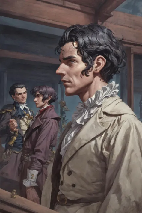 by Marc Simonetti , (by Frank Lloyed Wright:1.5) , pale face , High Angle (from the side) view medium Close shot (focus on chest) , regency period fashion , purple eyes , 3boys
