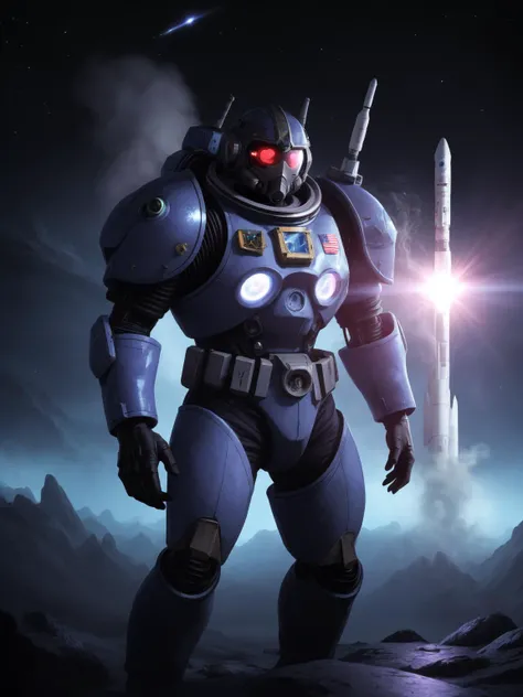 masterpiece, futuristic, space marine, one man, heartthrob, masculine, futuristic space suit, on an alien planet, purple haze, gathering data, science fiction equipment, nanobots, black tar, smoke, particles, light particles, HDR, volumetric lighting, space, absurdres, high quality,