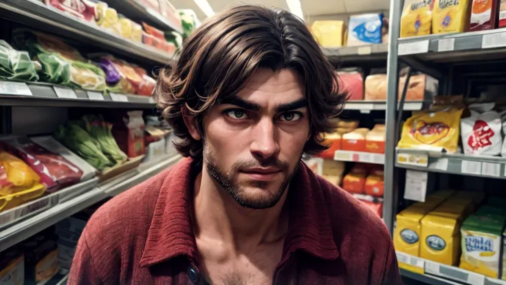 an awarded profesional photography of (1man:1.3) Mesopotamian with black eyes green eyes eyes and Trimmed Brows and male scissor cut hairstyle and scruffy beardin purple color, he is Air pirate fucked silly, neglect play in supermarket ,(epic scene:1.3),ultradetialed character with perfect face,detailed skin,(ultrasharp:1.3),(masterpiece:1.1),best quality,(photorealistic:1.2),ultrarealistic,realistic ultradetailed character,4k perfect quality, <lyco:GoodHands-beta2:1> by Dan Witz Fill Lighting camera angle pov and focus on upper body Magnificent,Imperceptible detail,Intricately designed, (perfect quality face:1.5) hyper-detailed complex, insanely detailed, detailed clothes, detailed skin, detailed body,