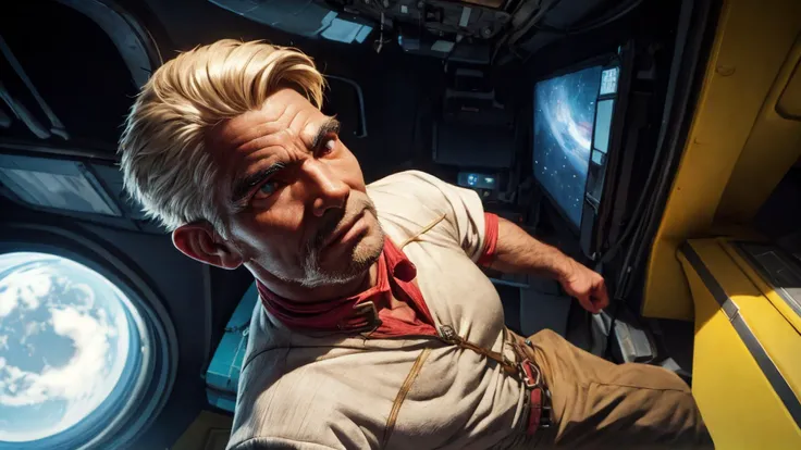 an awarded profesional photography of (1man:1.3) Aboriginal African with dark red eyes eyes and Thick Brows and male textured crop hairstyle and tapered beardin dirty blonde color, dressed in a orc costume serious, archer pose in spacecraft interior ,(epic scene:1.3),ultradetialed character with perfect face,detailed skin,(ultrasharp:1.3),(masterpiece:1.1),best quality,(photorealistic:1.2),ultrarealistic,realistic ultradetailed character,4k perfect quality, <lyco:GoodHands-beta2:1> by by Eadweard Muybridge Butterfly Lighting camera angle from above and feet out of frame Magnificent,Imperceptible detail,Intricately designed, (perfect quality face:1.5) hyper-detailed complex, insanely detailed, detailed clothes, detailed skin, detailed body,