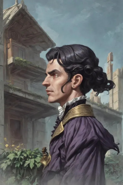 by Marc Simonetti , (by Frank Lloyed Wright:1.5) , pale face , High Angle (from the side) view medium Close shot (focus on chest) , regency period fashion , purple eyes , 3boys