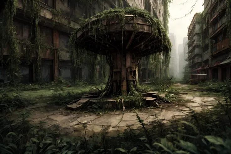 8k, realistic, vray, HDR, 6000K, in a post-apocalyptic overgrown park, weedy flower beds, rusted playground, dried fountain, mossy benches. <lora:PostApocalyptic_v4:0.6> SZ_4po enviroment
<lora:add_detail:1.2>