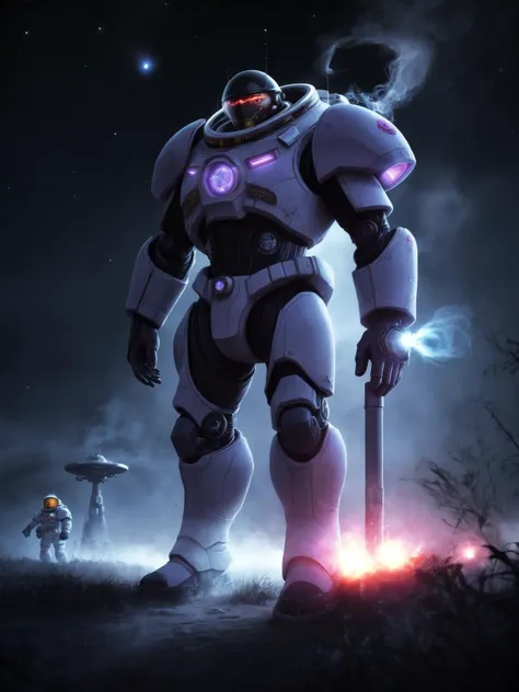 masterpiece, futuristic, space marine, one man, heartthrob, masculine, futuristic space suit, on an alien planet, purple haze, gathering data, science fiction equipment, nanobots, black tar, smoke, particles, light particles, HDR, volumetric lighting, space, absurdres, high quality,